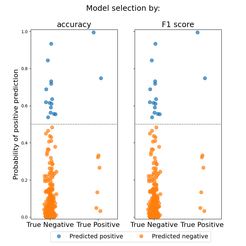 Model selection by:, accuracy, F1 score